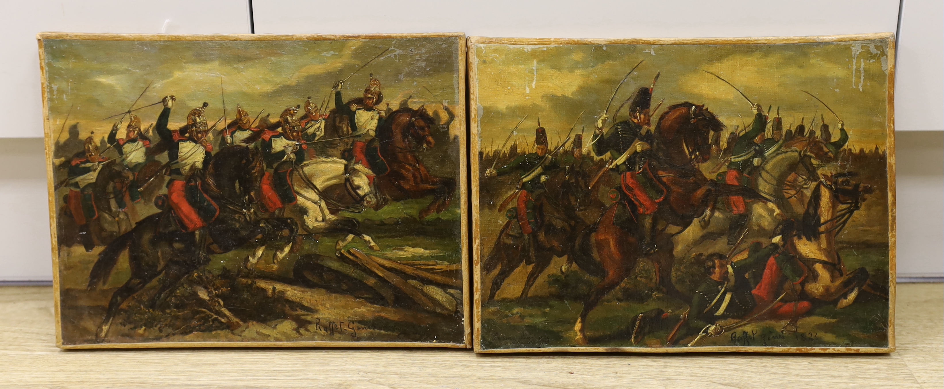 After Auguste Raffet (French, 1804-1860) pair of unframed oils, early 19th century British and French cavalry battle scenes, 32.5cm x 24cm